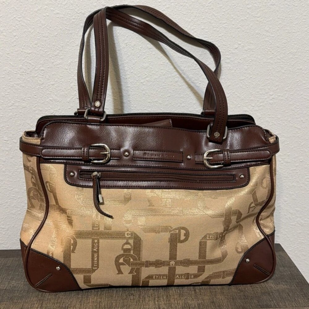 Etienne Aigner Beige Signature Equestrian Jacquard Shoulder Bag Purse Handbag